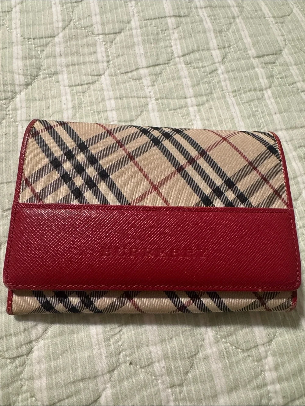Burberry Beige Check Wallet with Red Leather Trim